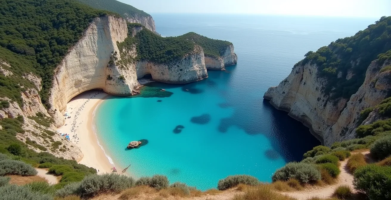 Vue aérienne d'une crique turquoise isolée accessible uniquement par un sentier côtier escarpé