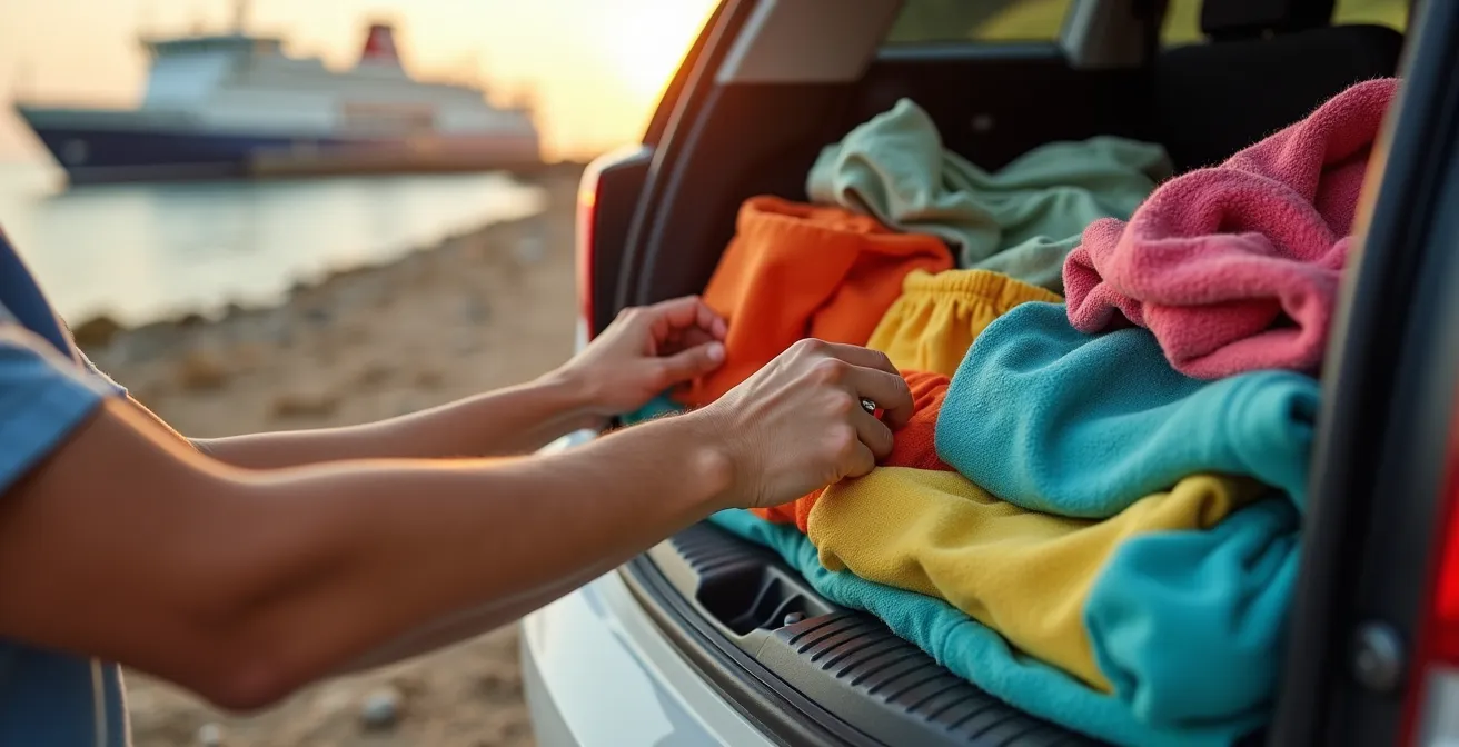 Famille chargeant méthodiquement ses bagages dans le coffre d'une voiture avant l'embarquement
