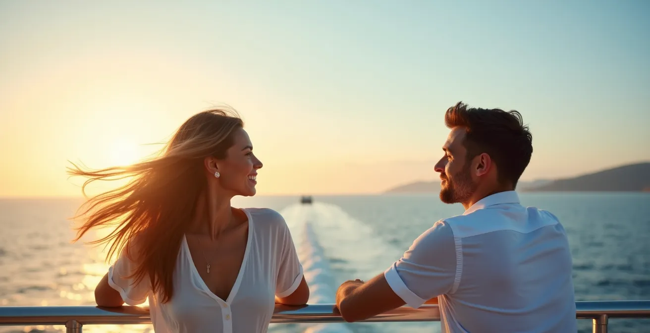 Couple de voyageurs accoudés au bastingage du ferry contemplant l'horizon méditerranéen au lever du jour