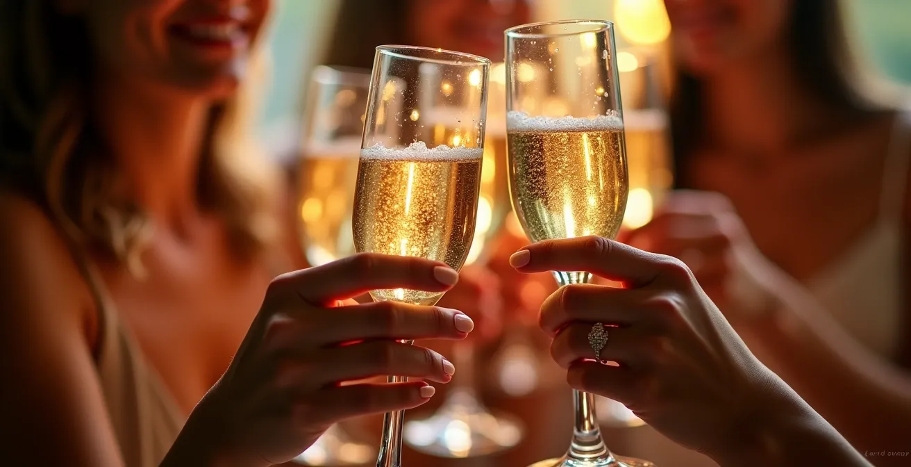 Gros plan sur des mains féminines portant un toast avec des coupes de champagne étincelantes