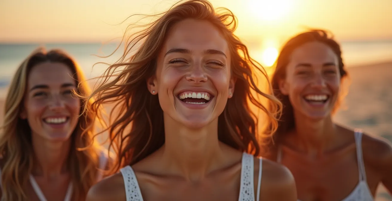 Groupe de femmes riant ensemble sur la plage au coucher du soleil