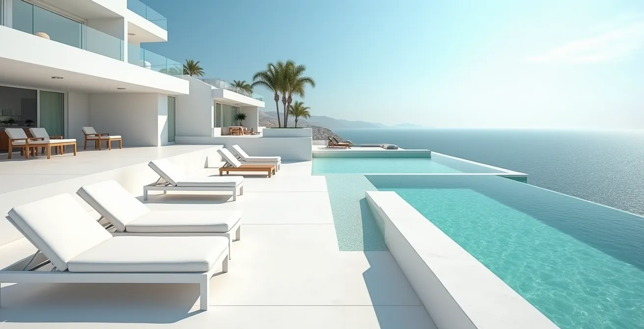 Terrasse moderne de beach club avec mobilier design blanc et vue panoramique sur la Méditerranée